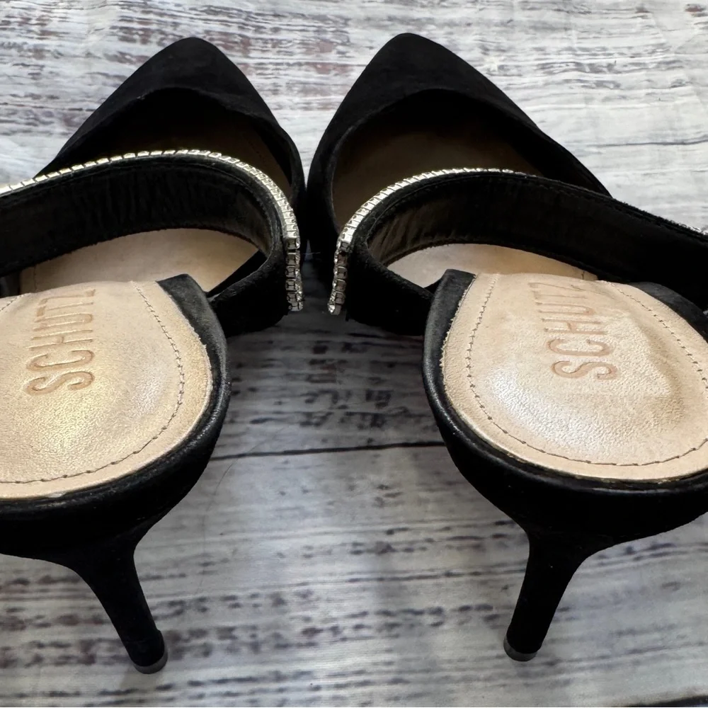 Schutz Tishara Rhinestone Buckle Mule Heels Black Suede Pointed Toe Size 7.5 - Picture 3 of 7